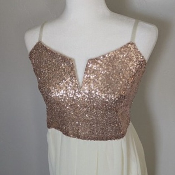 SPENSE Dress Size 8 Rose Gold Sequin Bodice Ivory Chiffon Maxi Elegant Prom Long - Picture 1 of 16